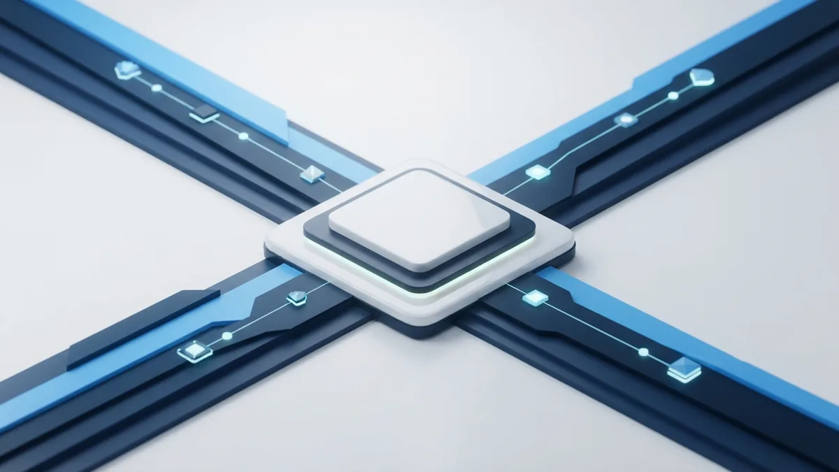 Layered blue planes and connected nodes showing faster software delivery and feedback