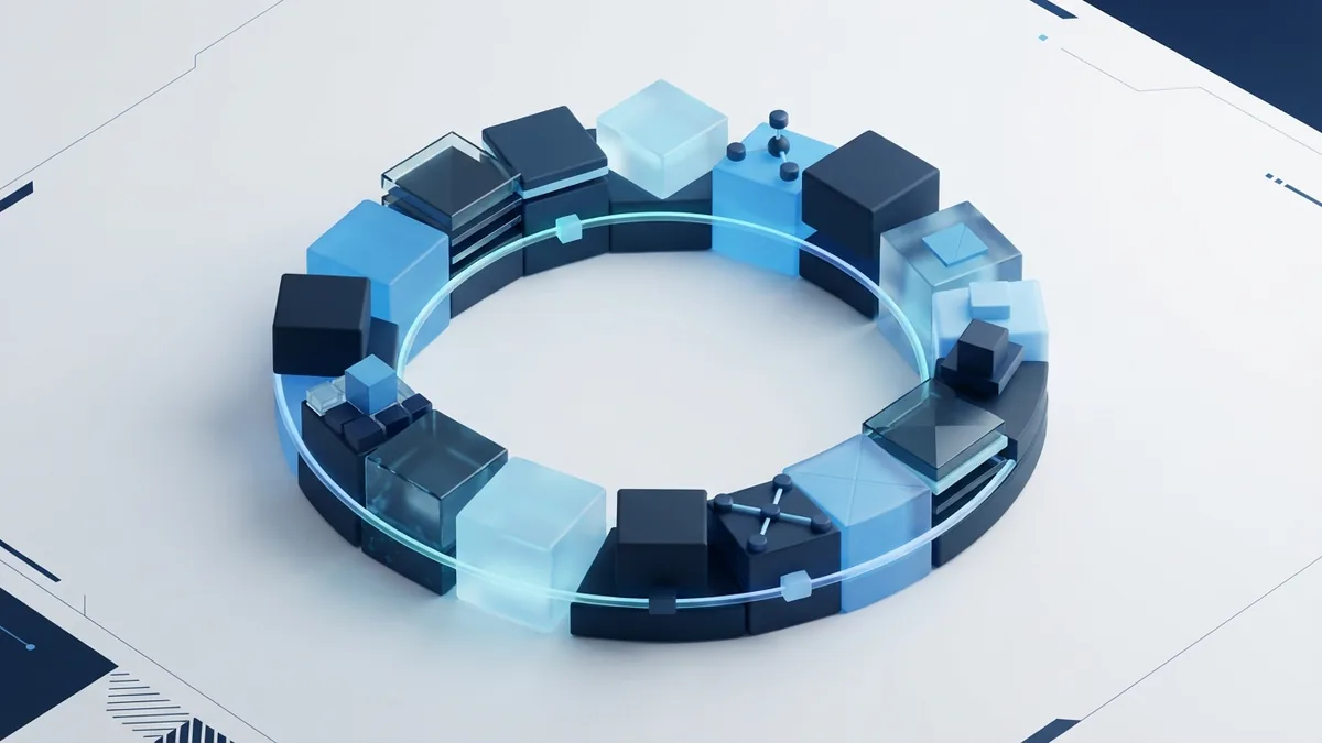 Isometric blue blocks showing connected stages in a software engineering workflow