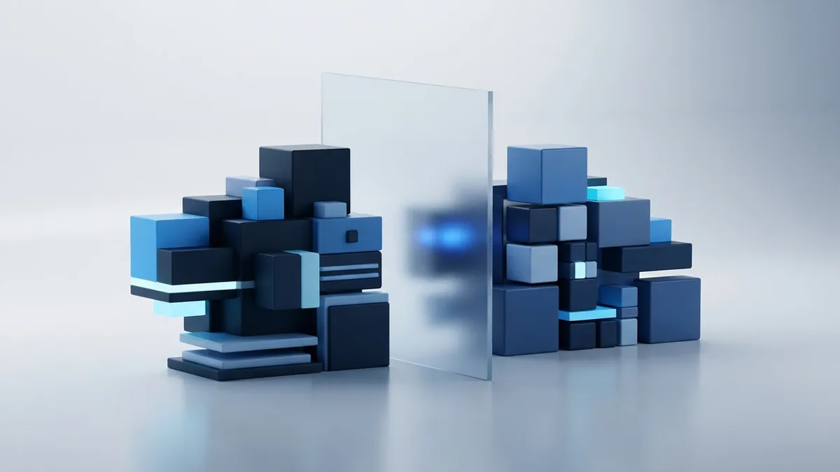 SDLC model trade-offs Balanced blue geometric forms representing SDLC model strengths and trade-offs
