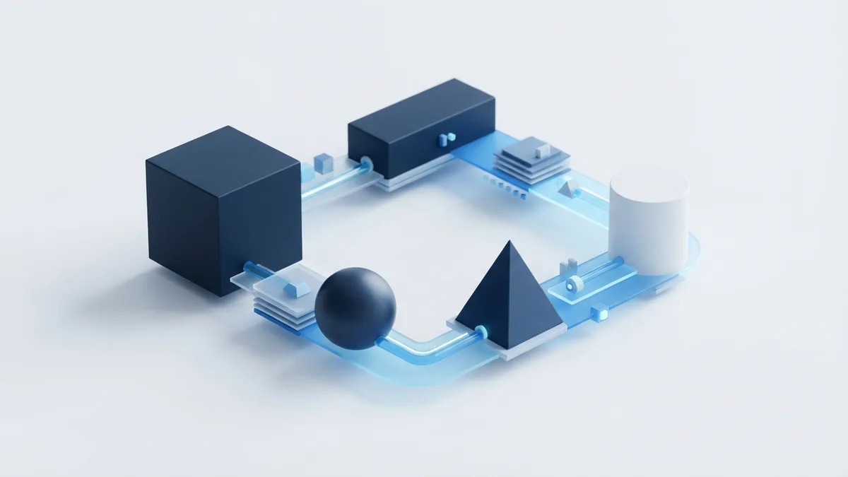 Linked forms represent Agile development phases Five linked geometric forms show the repeating stages of Agile software development