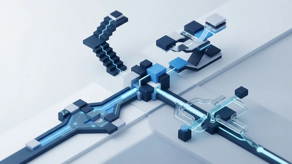 Four abstract pathways representing Scrum, Kanban, Lean, and XP methods