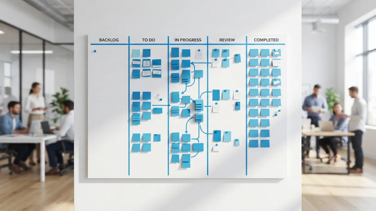 Abstract agile framework board with sprint lanes, flow paths, and grouped work blocks