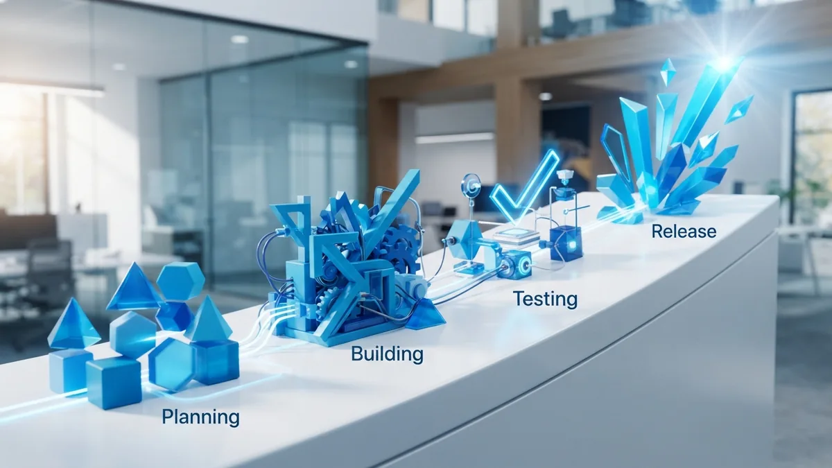 Abstract software team workflow with linked planning, coding, testing, and release stages