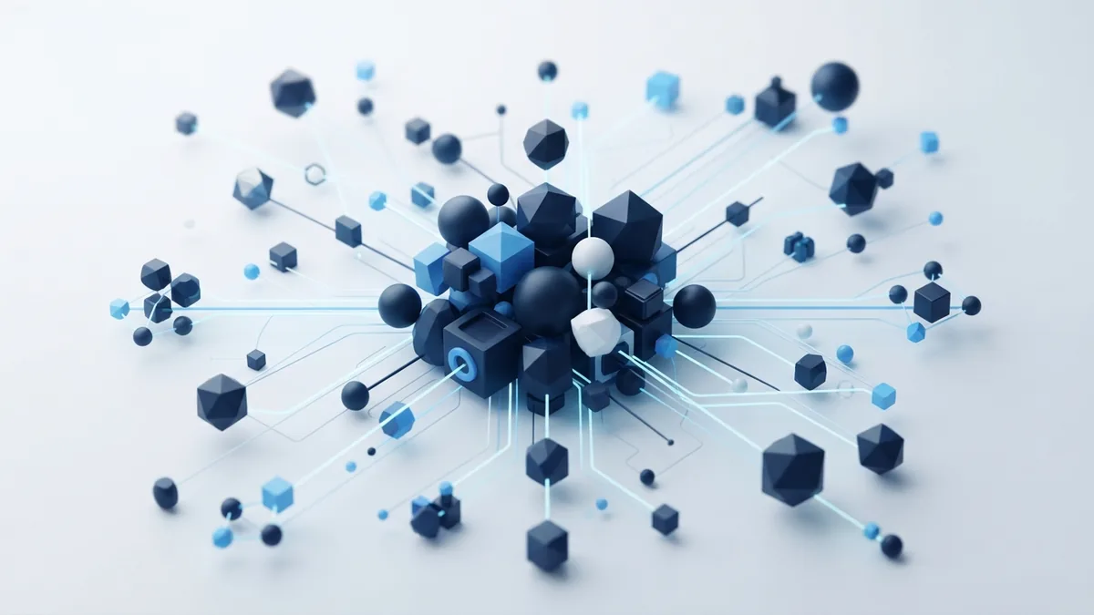 Blue geometric network representing collaboration and feedback in agile software work