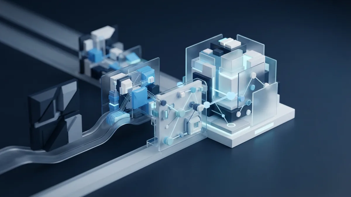 Layered blue modules representing frequent releases and adaptable software development