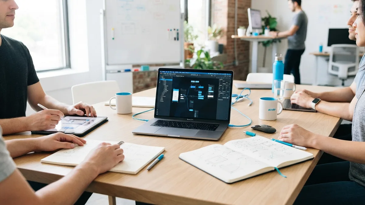 Stakeholders review an early product release Software team reviewing an early product release with stakeholders in a bright meeting room