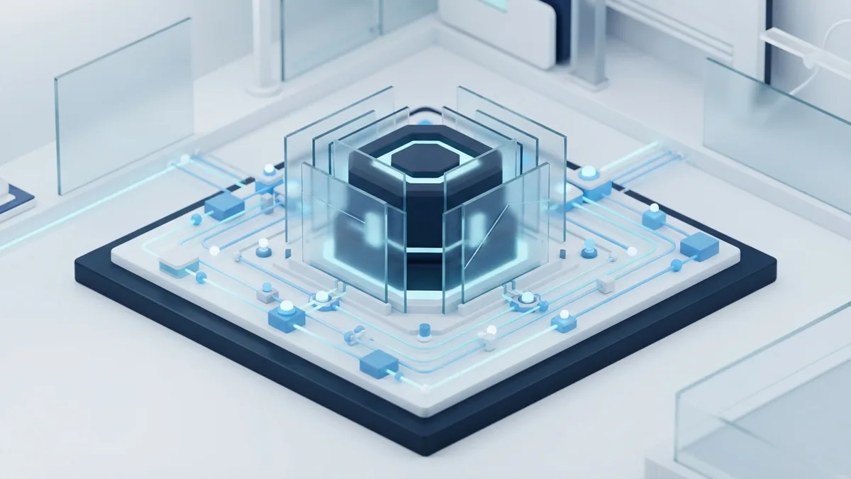 Protected blue structure surrounded by orderly layers for secure AI integration