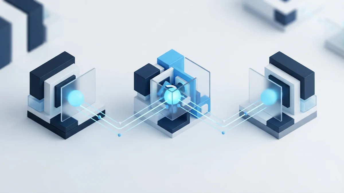 Isometric blue data flow showing an API request moving between connected services