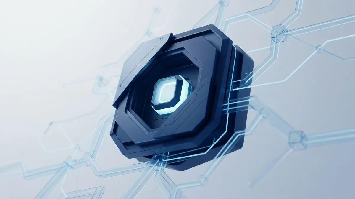 Abstract blue vault protecting a glowing core from exposed network paths