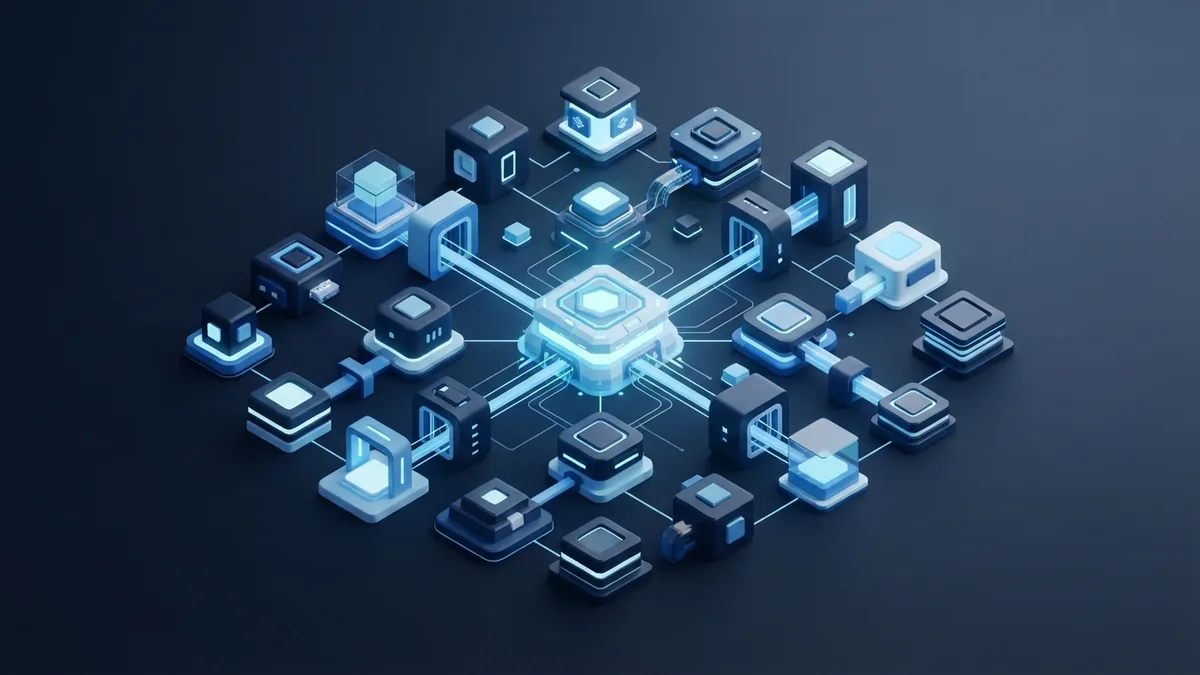 Isometric network of software blocks showing several ways APIs connect