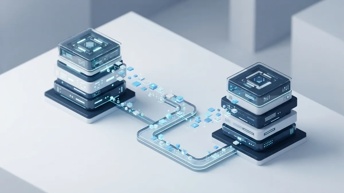 Layered server blocks show data flowing from a source system to a cloud target