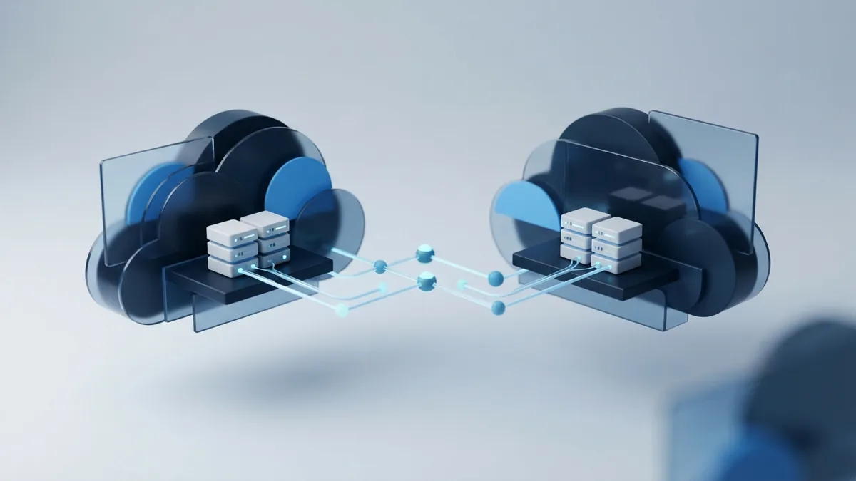 Two abstract cloud regions linked by network nodes to suggest resilience and workload movement
