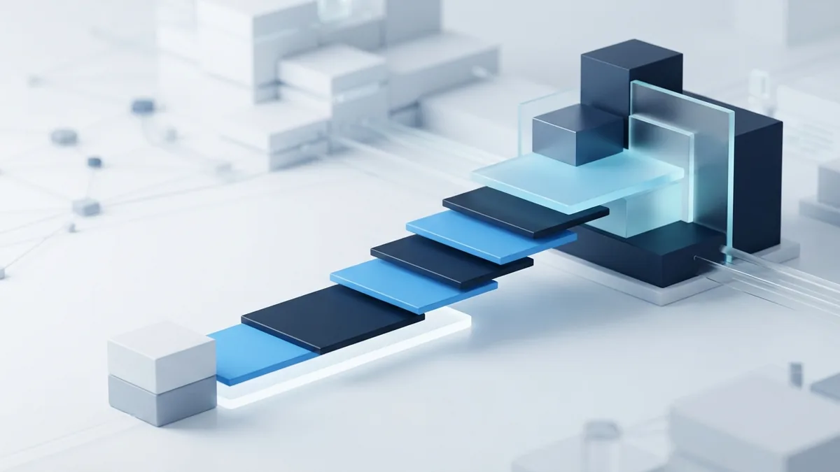 Layered blue product pathway showing MVP learning and measured growth