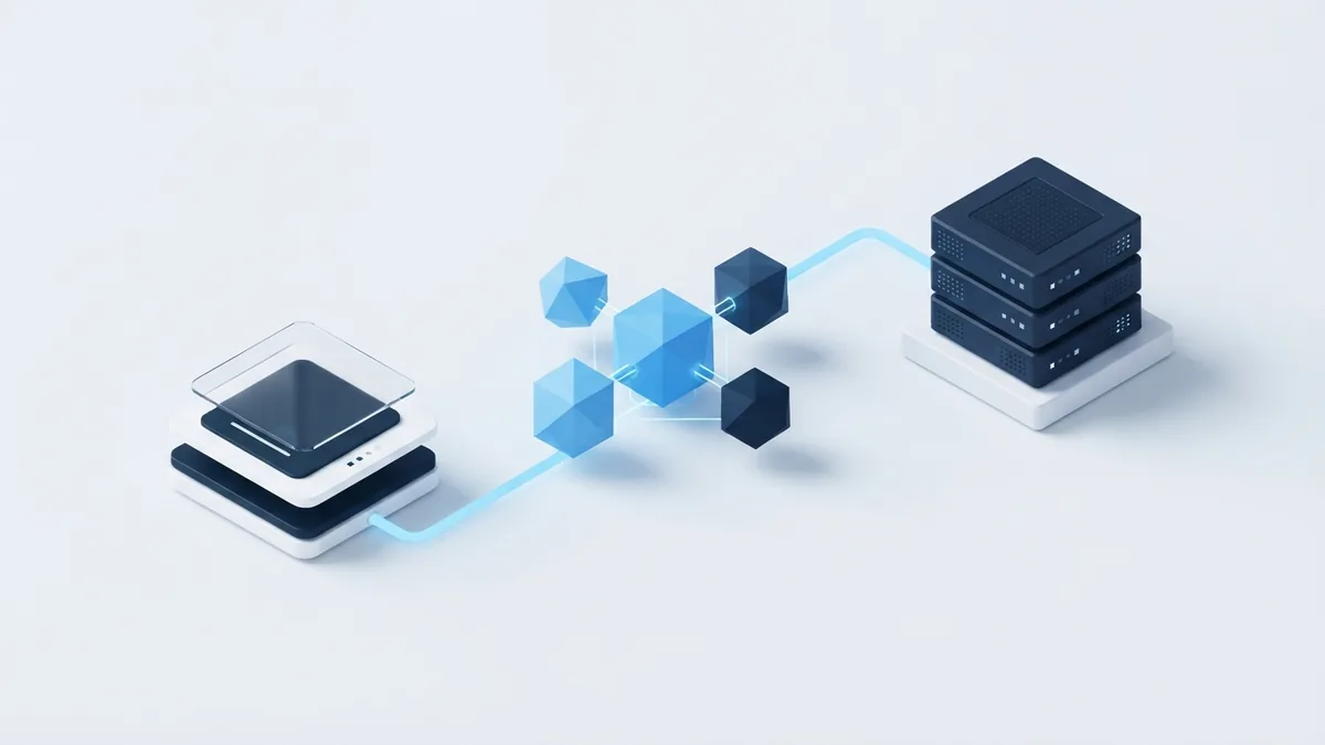 Isometric client and server blocks linked by abstract data paths in a restrained blue palette