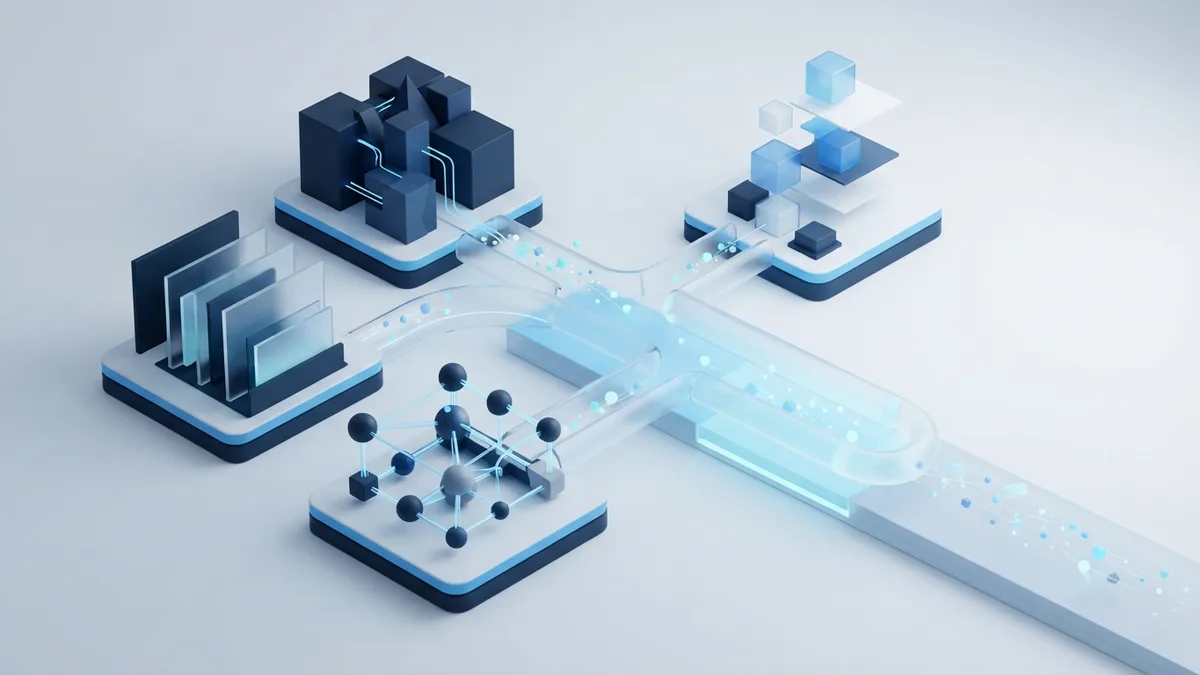 API tools working together Abstract software modules joined through one shared blue data path