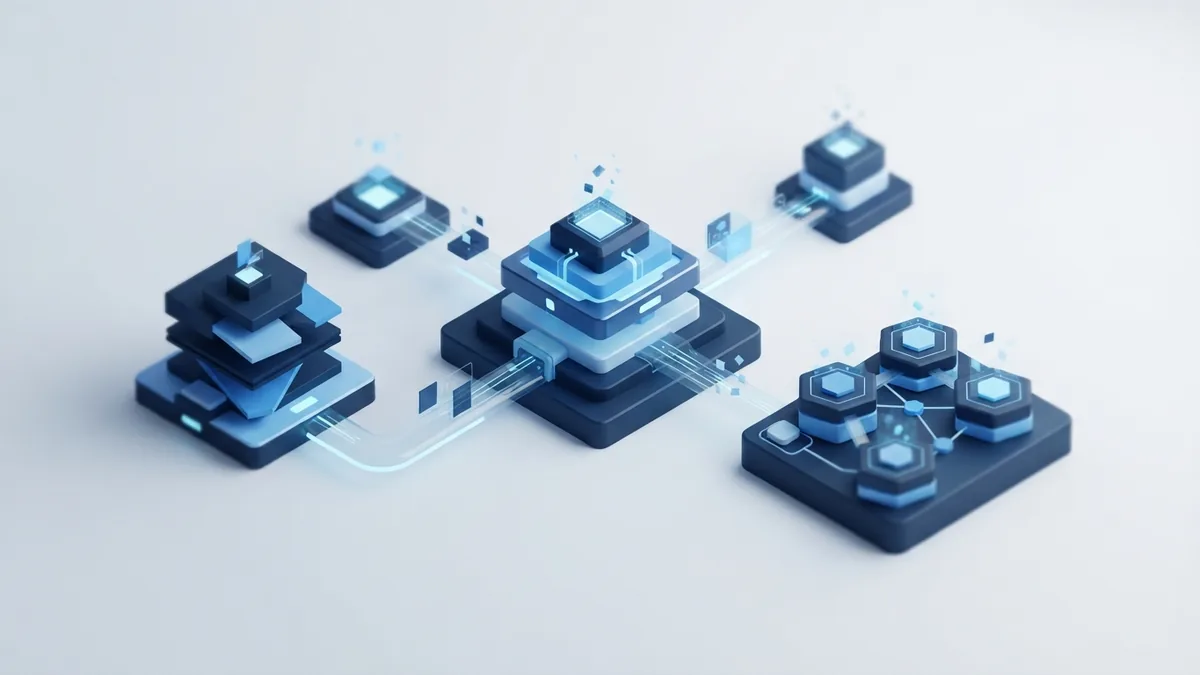 Three connected blue structures representing onshore, nearshore, and offshore BPO models