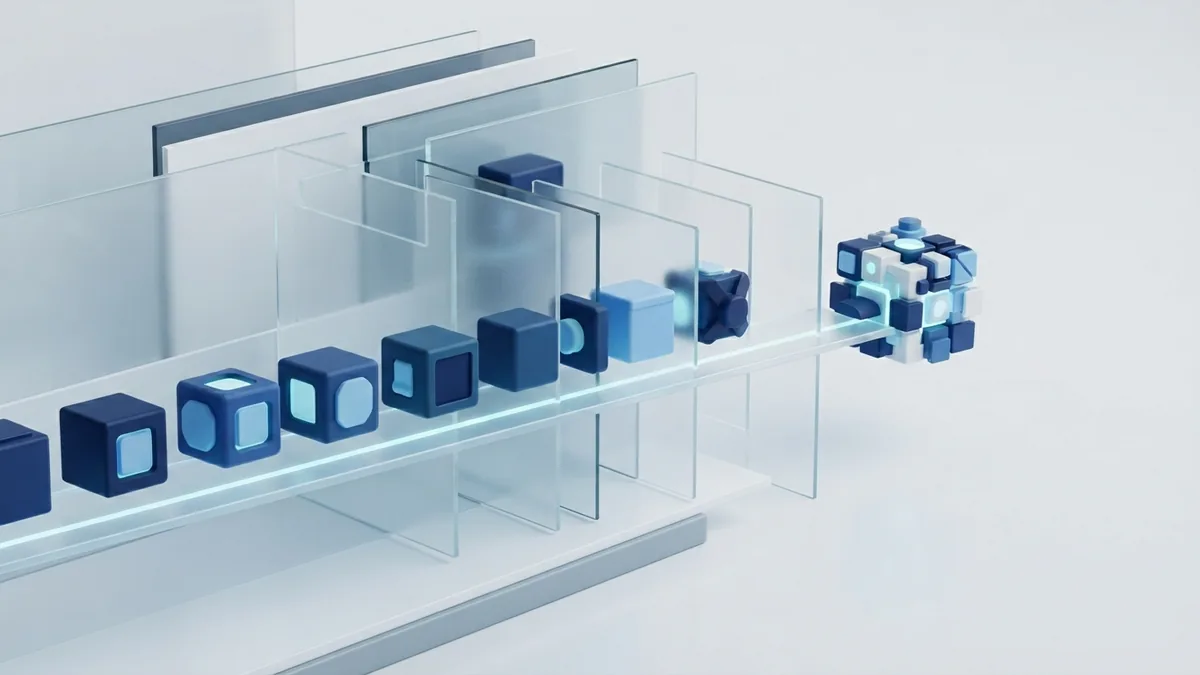 BPO workflow from task to result Abstract blue workflow showing business tasks moving through connected process stages