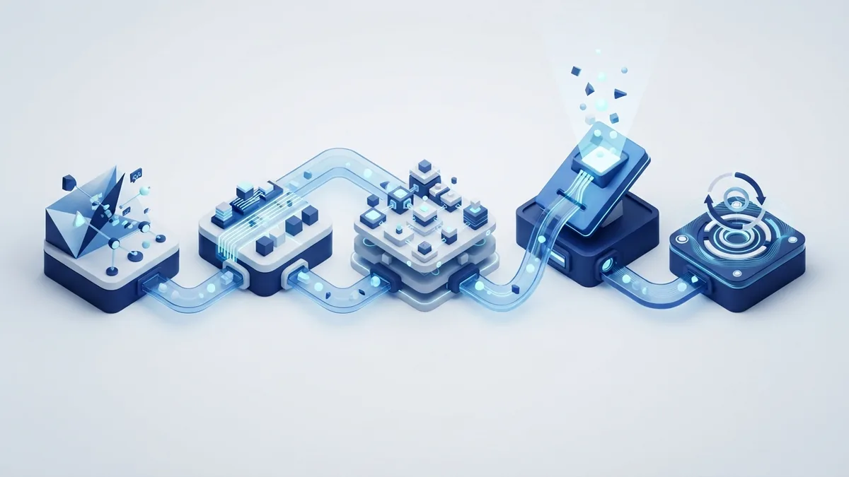 Stages in a planned cloud migration Isometric migration process with linked stages guiding data into a cloud system