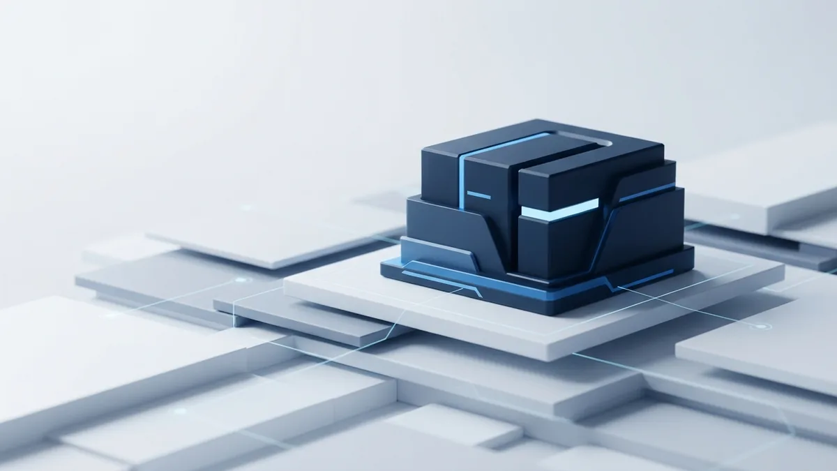 A prominent blue geometric form stands out above quieter layers to show visual hierarchy