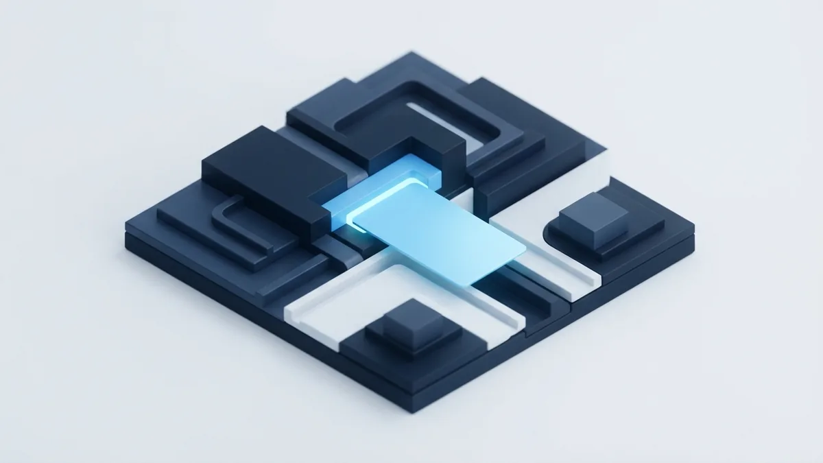 Abstract credential tile within layered blue blocks, representing API key setup