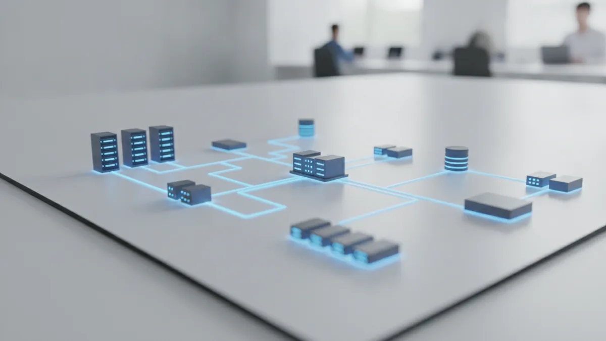 Cloud infrastructure map showing linked servers, databases, and network paths