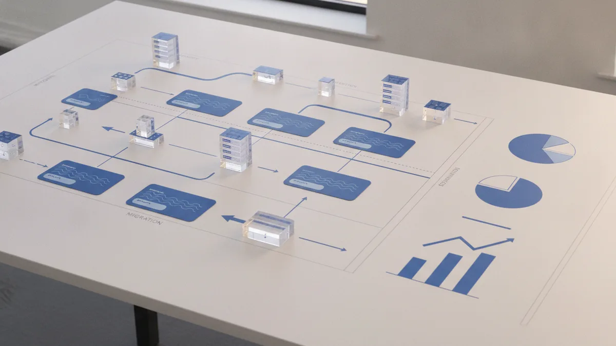Cloud cost planning scene with resource blocks arranged beside financial charts