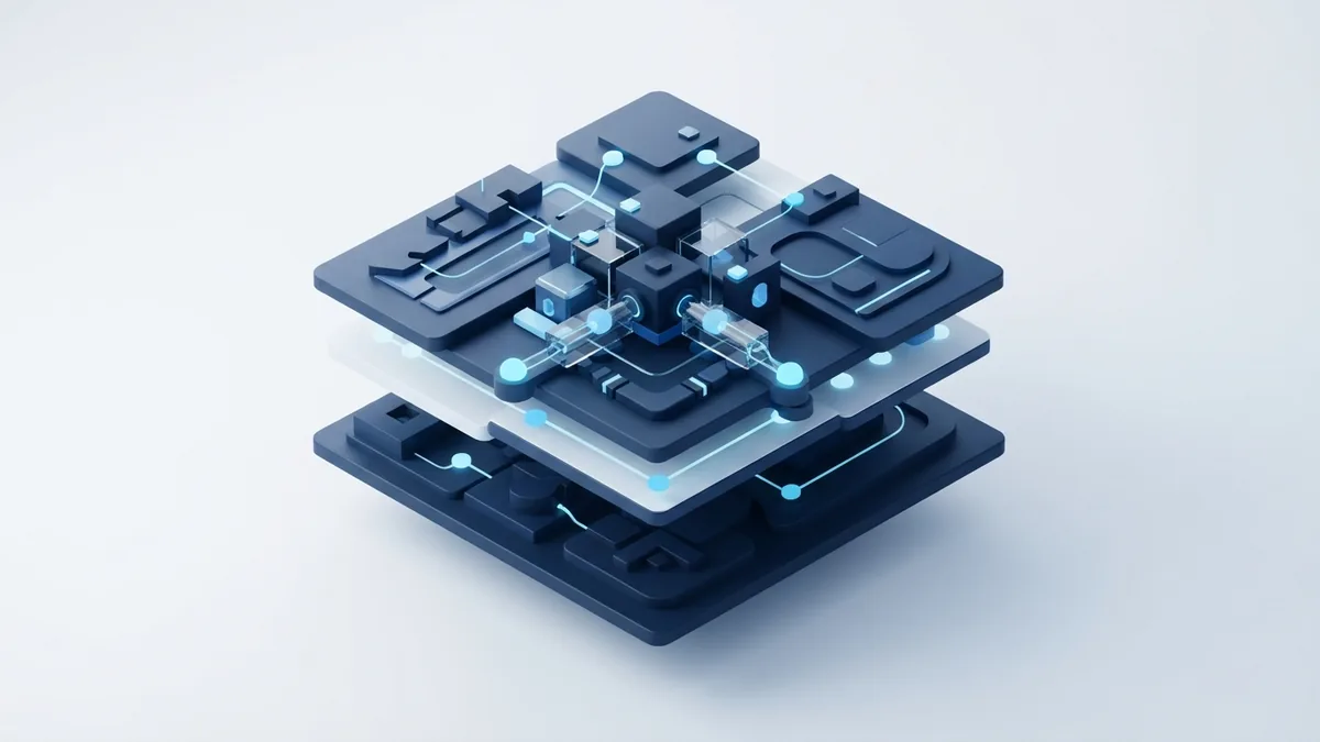 Isometric blue network of connected layers representing key SEO components
