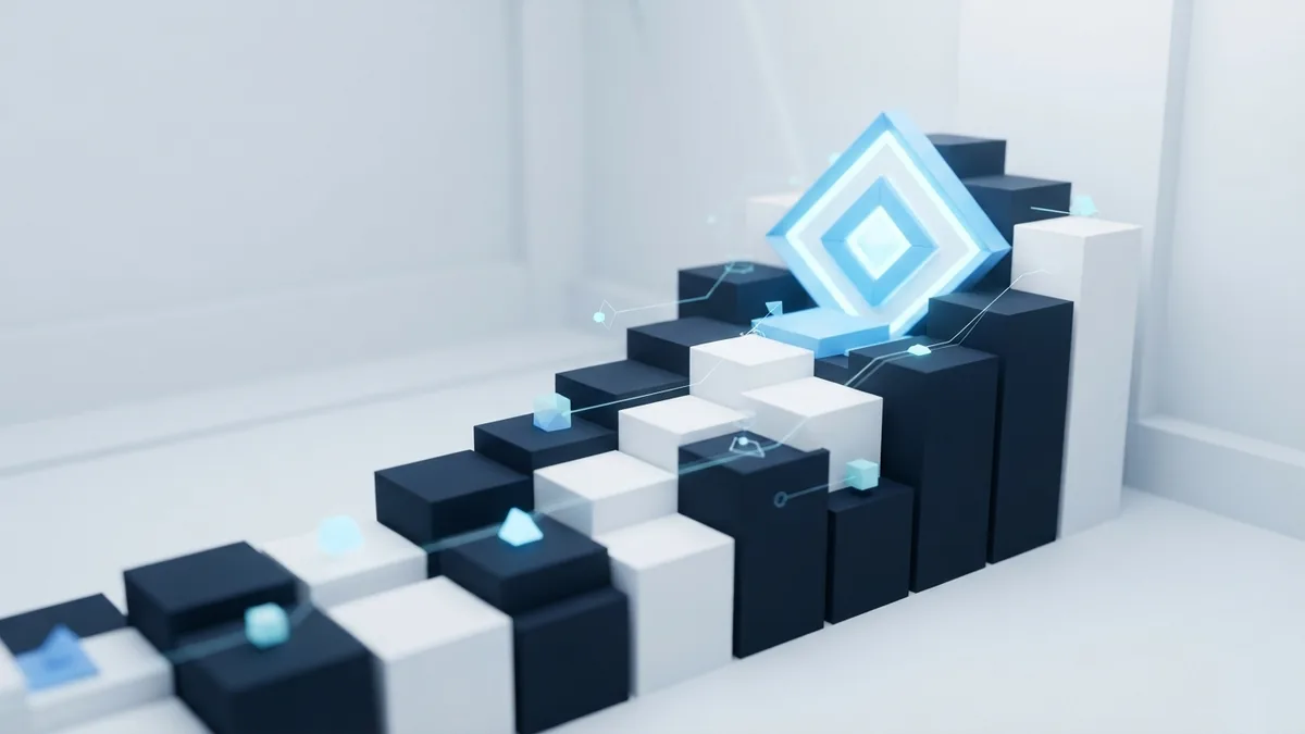 Machine learning project starting path Modular blue blocks forming a path toward a machine learning project core