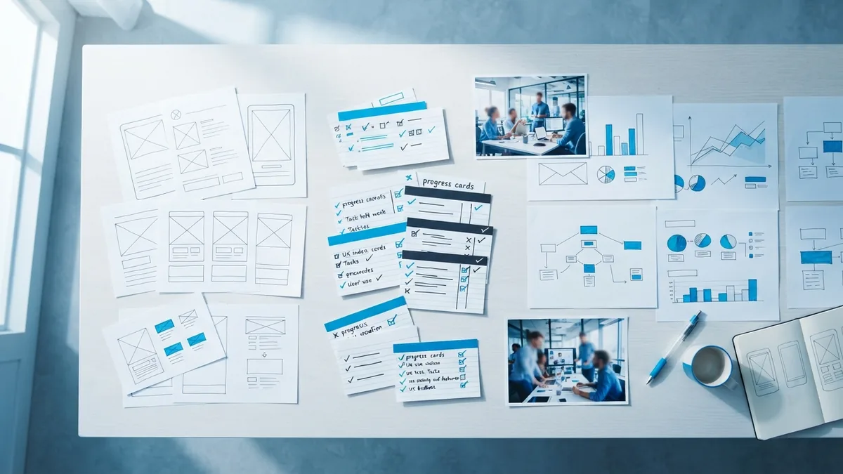 Small product team reviewing early user data and product goals around a desk