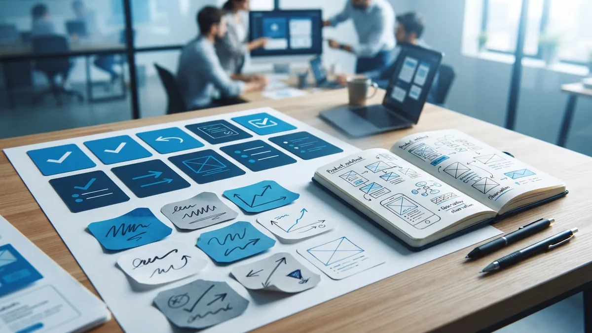 Product testing setup with task notes, feedback cards, and simple performance charts