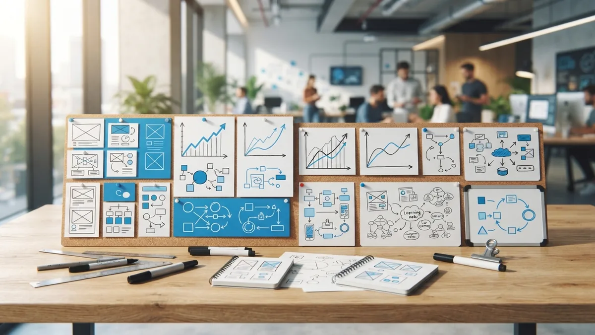 Examples of early product concepts arranged beside growth and learning notes