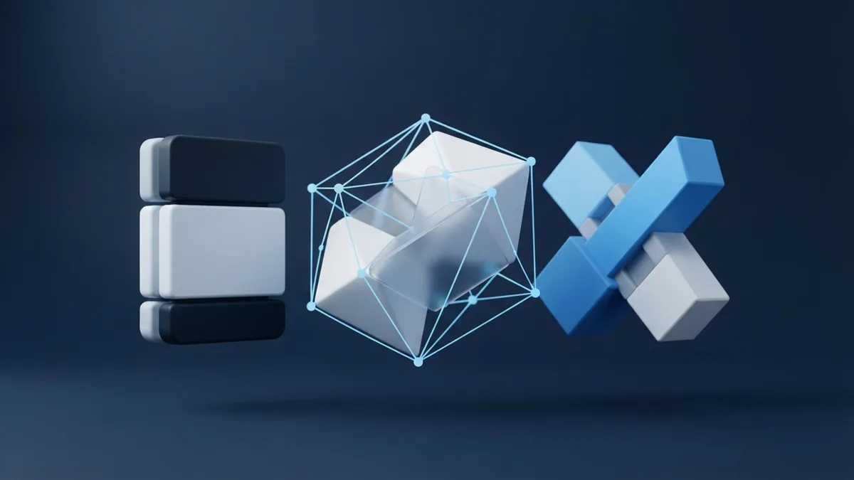 Three abstract blue structures representing mobile, web, and hybrid app types