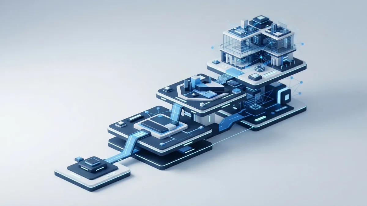Isometric blue platforms showing a staged app development process