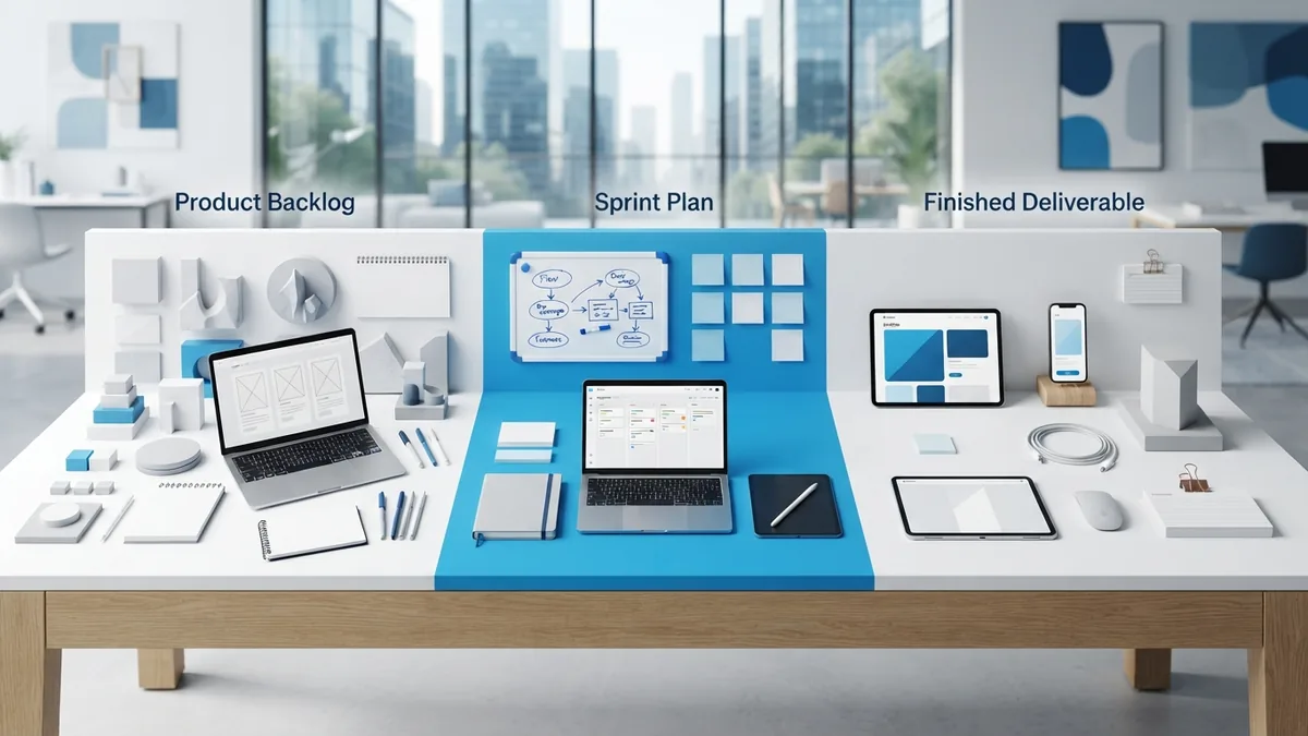 Three-part workspace representing Scrum artifacts, sprint planning, and a finished product increment
