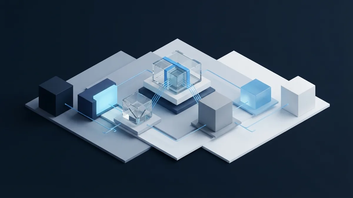 Seven connected blue geometric blocks representing the main stages of software development