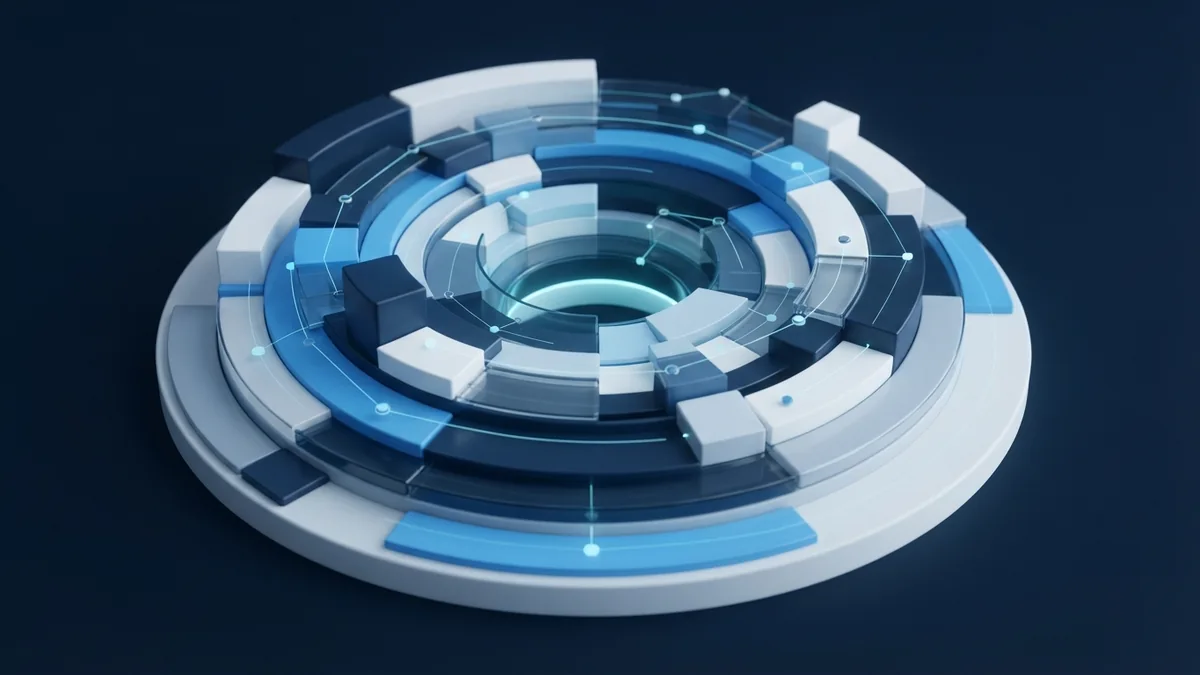 Layered blue 3D structure showing a full software development life cycle
