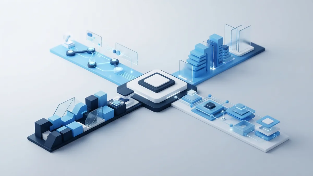 Four blue geometric pathways representing different software development models