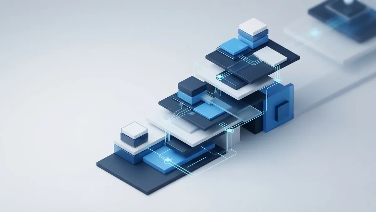 Isometric blue stages linked by nodes to represent software development work
