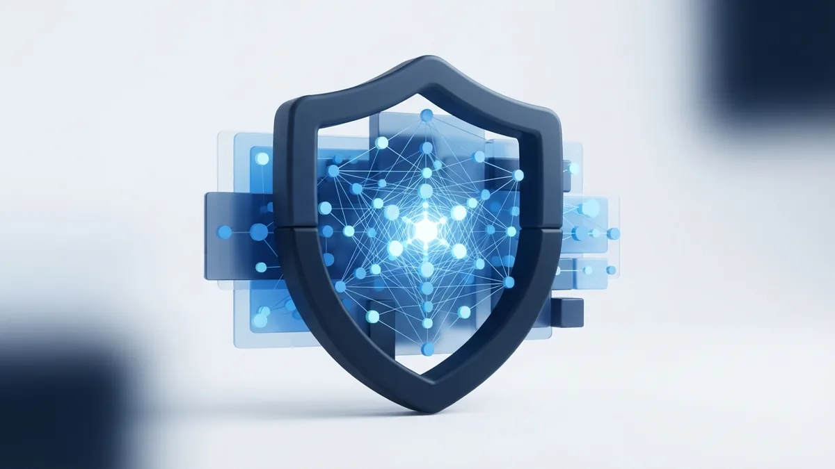 Blue shield structure around connected nodes representing secure software development