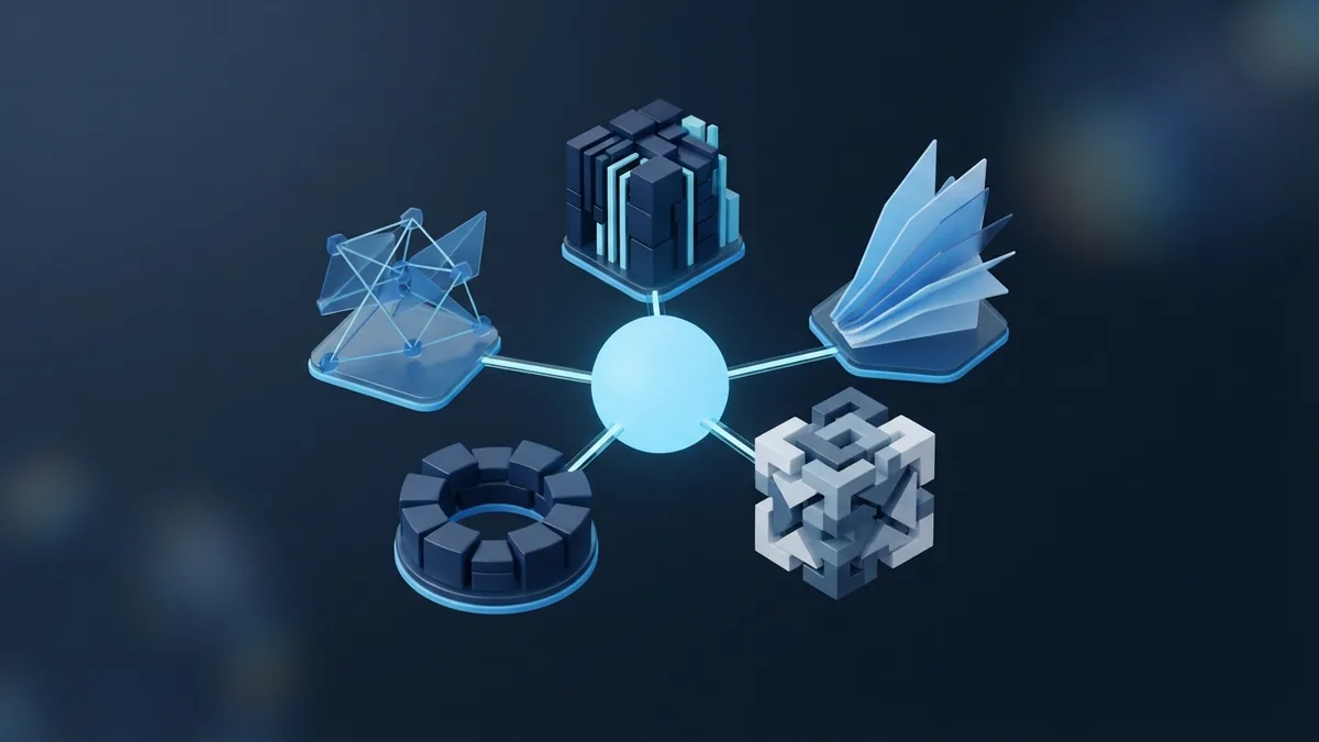 Abstract connected forms represent design, coding, testing, release, and support