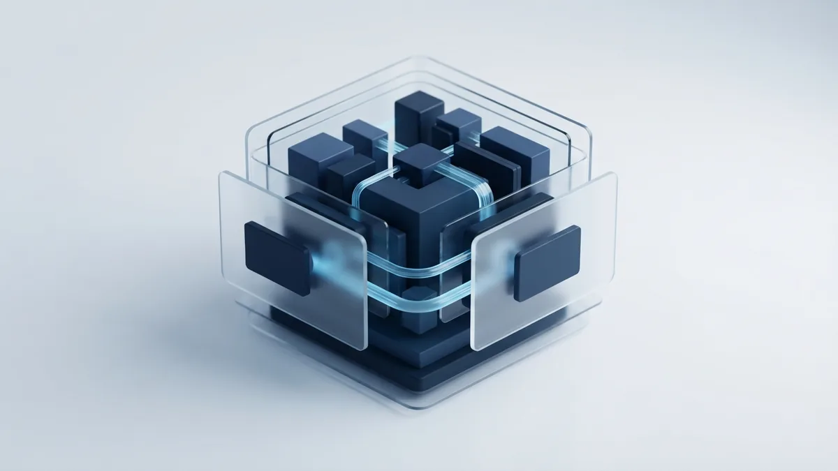 Layered blue forms suggest reliable software quality and ongoing product care