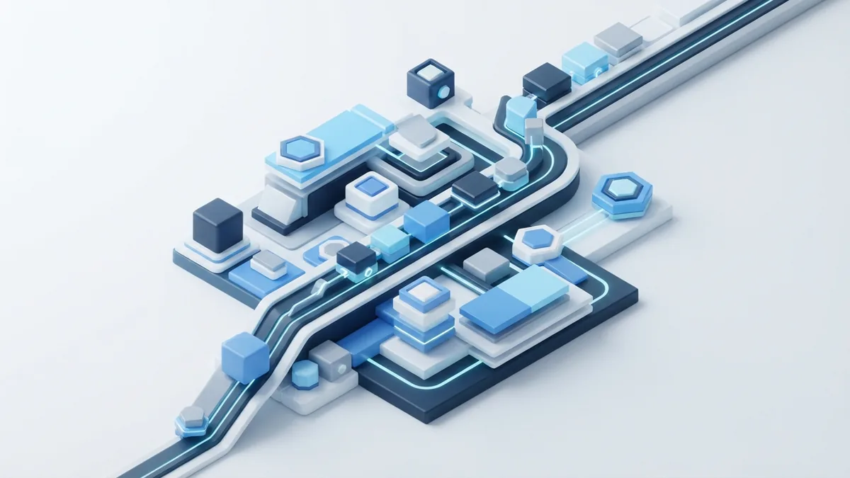Isometric blue modules arranged in sequence to show common software life cycle stages