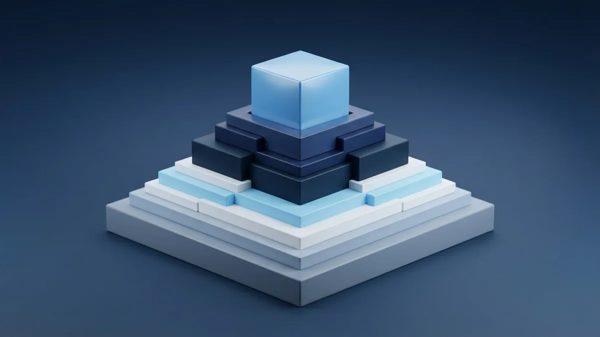 How work moves through each development stage Layered geometric forms showing how planning and design lead toward finished software
