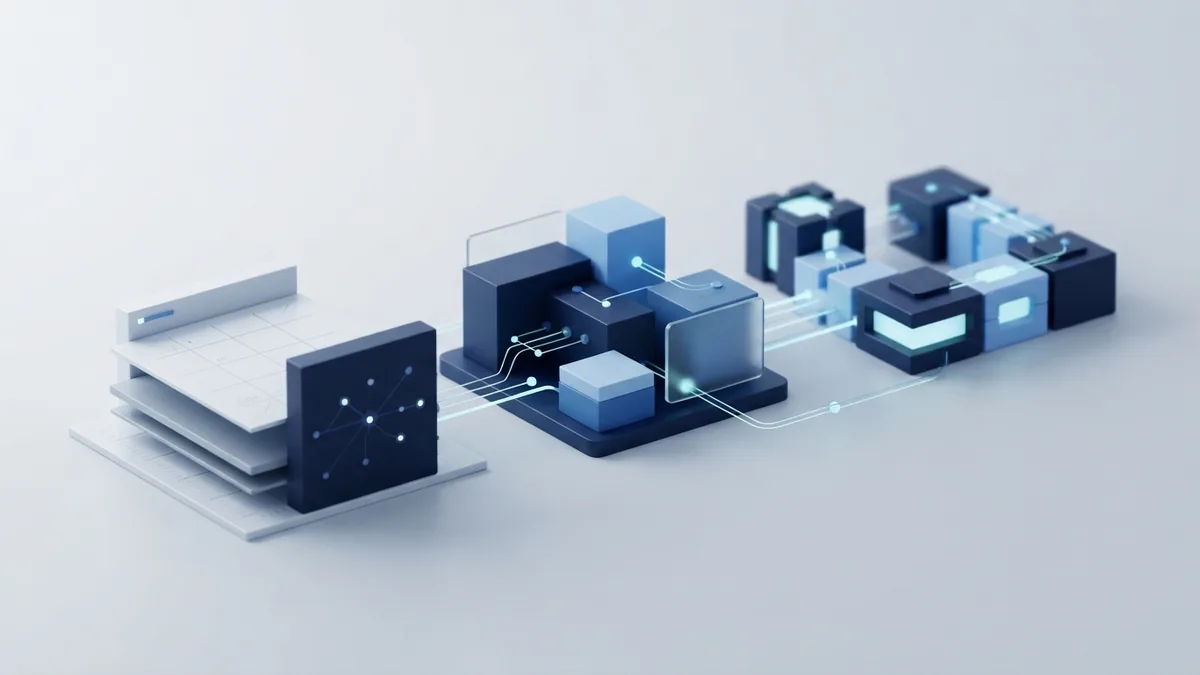 Isometric blue and white shapes showing connected stages in a software project