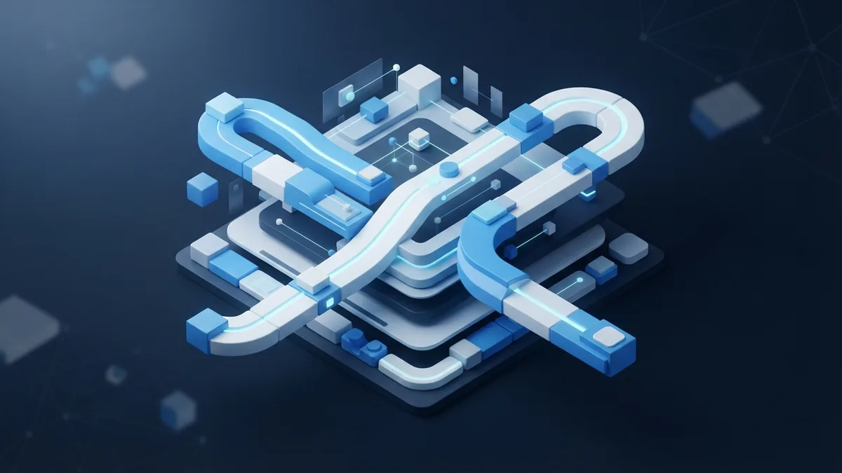 Different paths through software development Four abstract blue and white paths representing different software development models