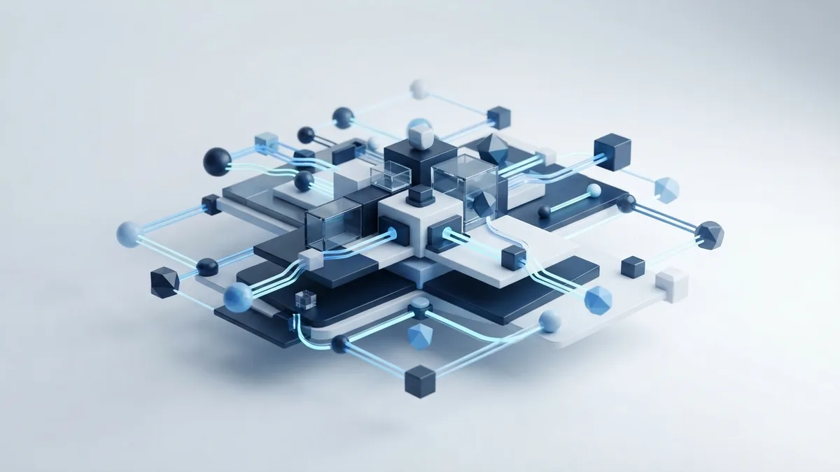 Blue network nodes linked around a modular structure for team collaboration