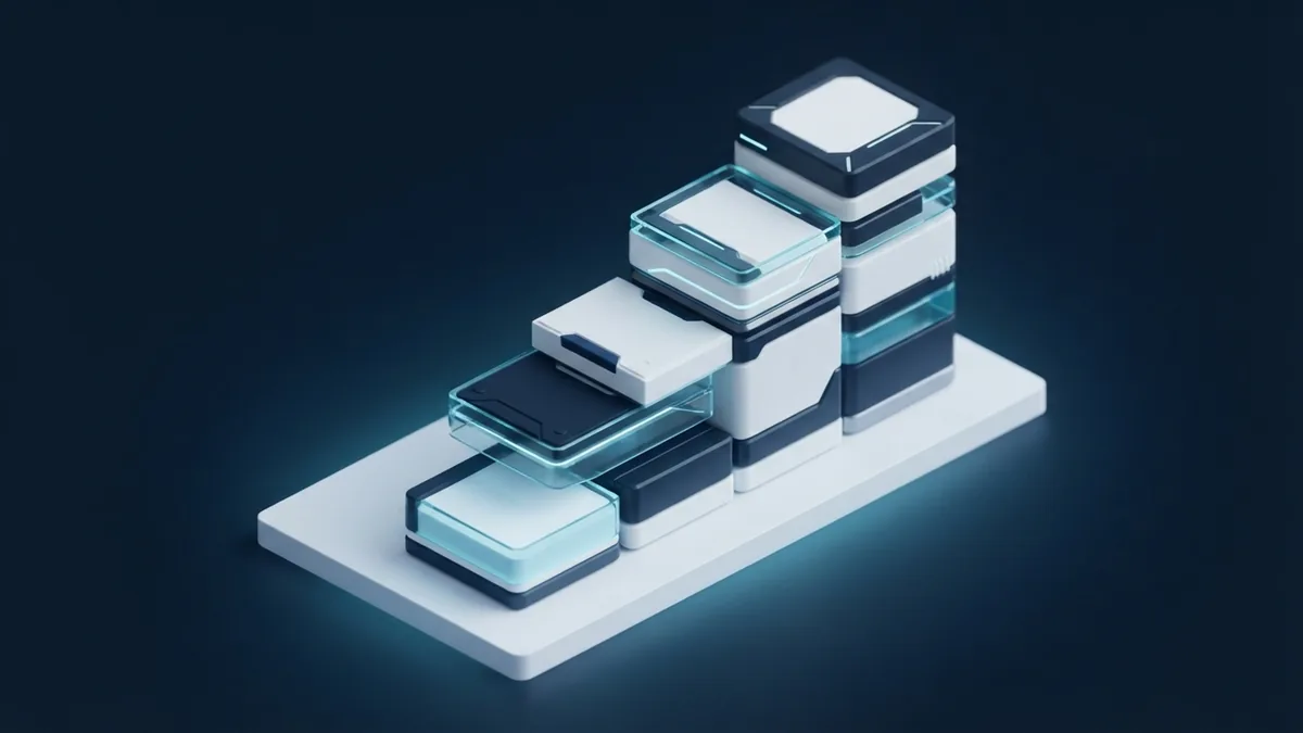 Seven blue geometric blocks arranged as a clear software development process