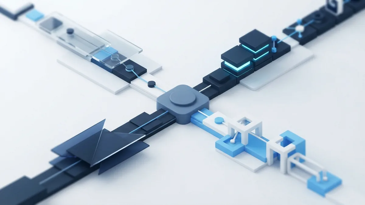 Four paths for software development work Abstract blue paths branching into four software development life cycle models