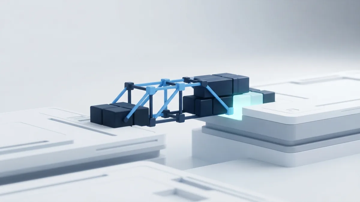 Blue geometric bridge linking software project stages across a controlled gap