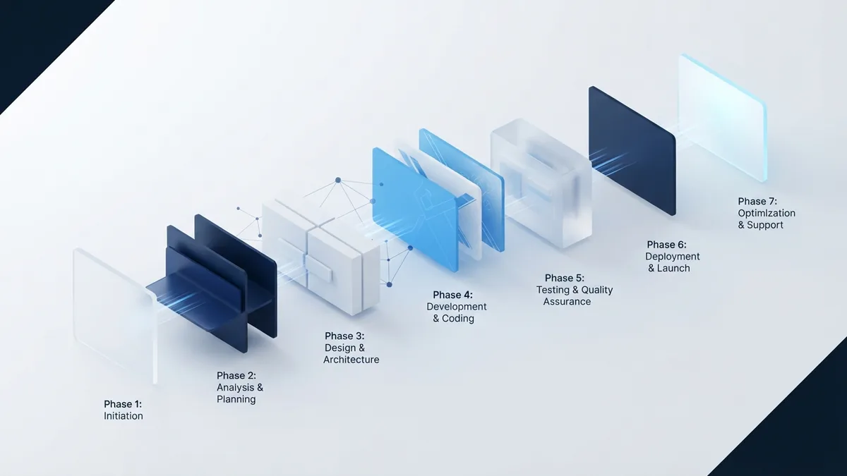 Isometric blue process stages representing planning, coding, testing, deployment, and maintenance